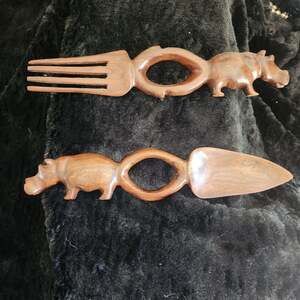 Vintage Hand-Carved Wooden African Safari Hippo Serving Salad Utensil Set